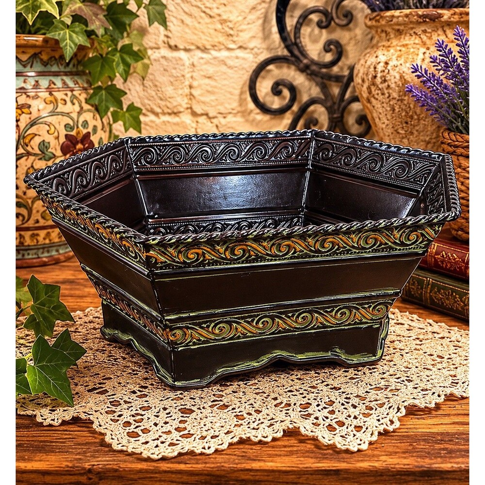 Vintage Hexagon Metal Planter Cachepot Black Bronze Scrollwork Decorative Pot